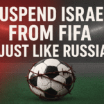 A symbolic football design with cracks, barbed wire, and Palestinian flag colors, representing the global call to suspend Israel from FIFA and boycott the World Cup until justice is served for Gaza.