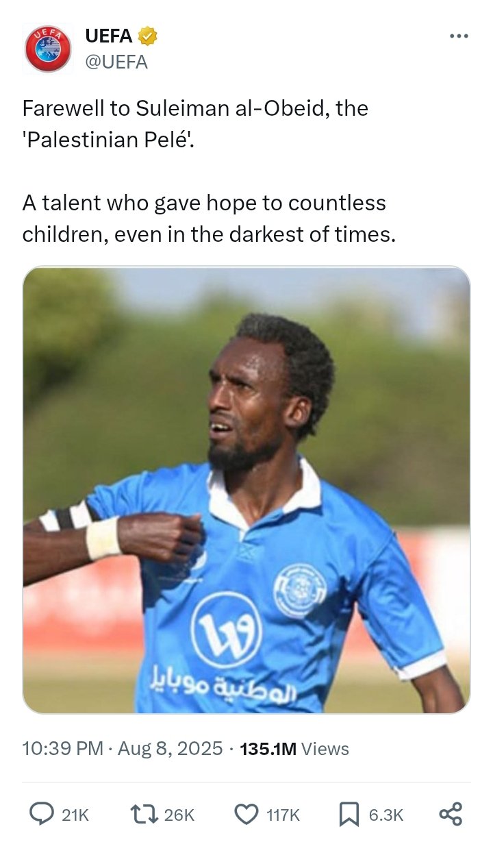 Screenshot of UEFA tweet bidding farewell to Suleiman al-Obeid, the Palestinian Pelé
