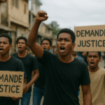 A group of young Malagasy men protest in the streets, holding cardboard signs that read “Demande Justice” while raising their fists and shouting slogans, symbolizing unity and the demand for justice in Madagascar.