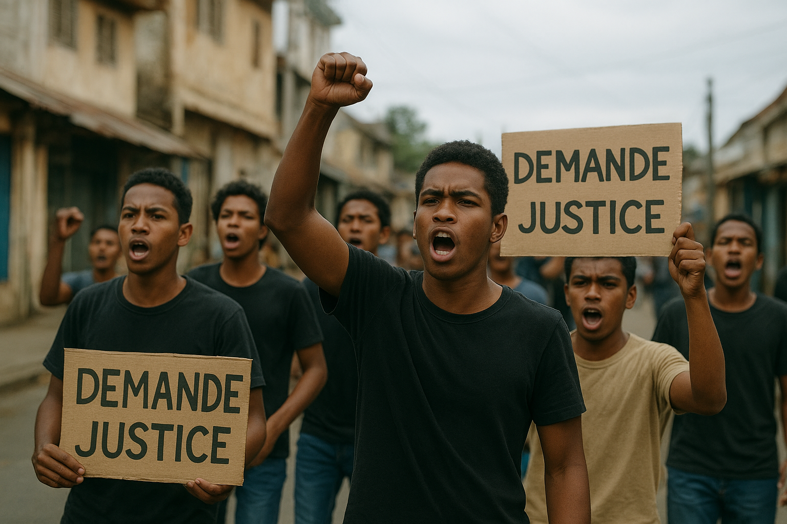 A group of young Malagasy men protest in the streets, holding cardboard signs that read “Demande Justice” while raising their fists and shouting slogans, symbolizing unity and the demand for justice in Madagascar.